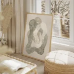 affiche avec des lignes ondulees vertes beiges et blanches formant des motifs ci salon beige.webp