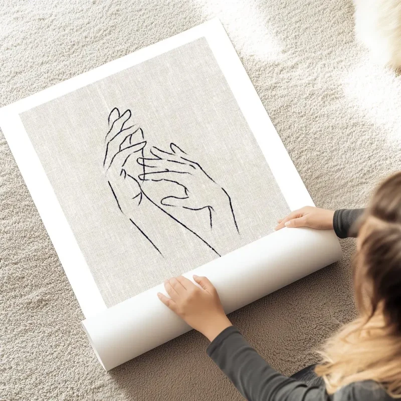 affiche avec des mains dessinees au trait noir sur un fond texture beige evoquan au sol.webp