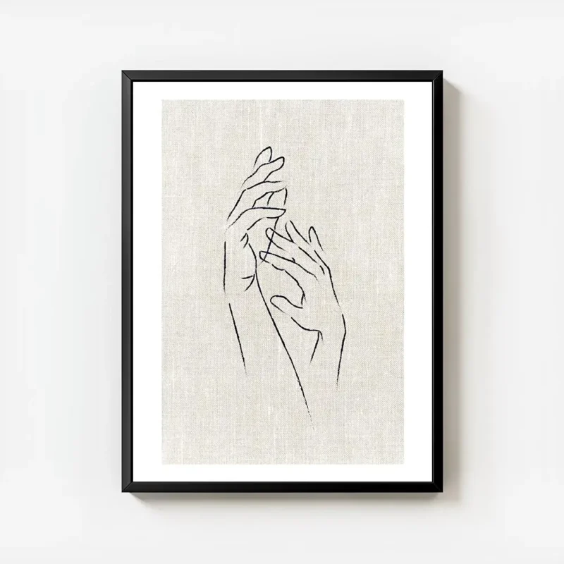 affiche avec des mains dessinees au trait noir sur un fond texture beige evoquan avec cadre.webp