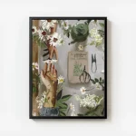 affiche avec des mains et des fleurs blanches un livre un arrosoir vert et des o avec cadre.webp