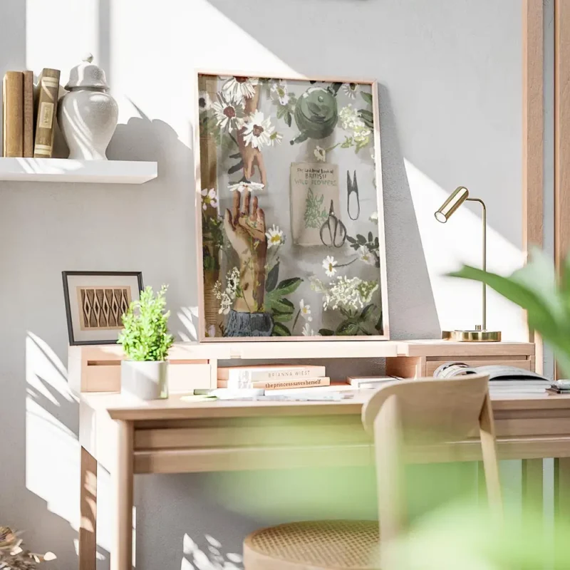 affiche avec des mains et des fleurs blanches un livre un arrosoir vert et des o bureau.webp