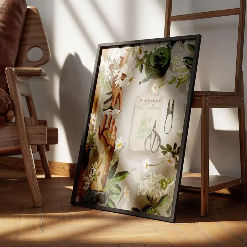 affiche avec des mains et des fleurs blanches un livre un arrosoir vert et des o encadre.webp