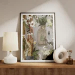 affiche avec des mains et des fleurs blanches un livre un arrosoir vert et des o meuble.webp