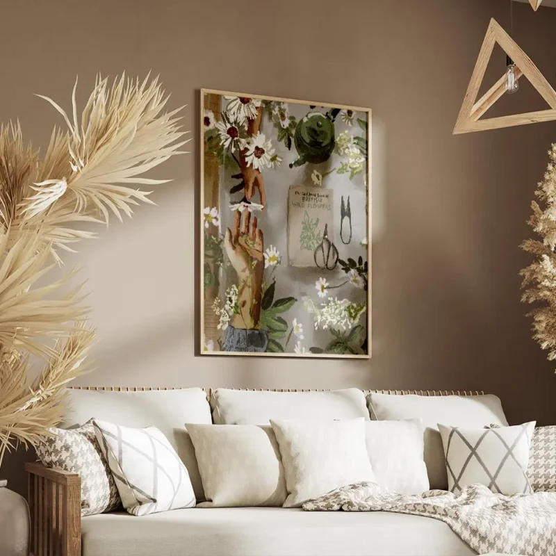 affiche avec des mains et des fleurs blanches un livre un arrosoir vert et des o salon.webp