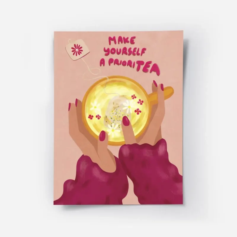 affiche avec des mains tenant une tasse de the des fleurs et le message humorist.webp