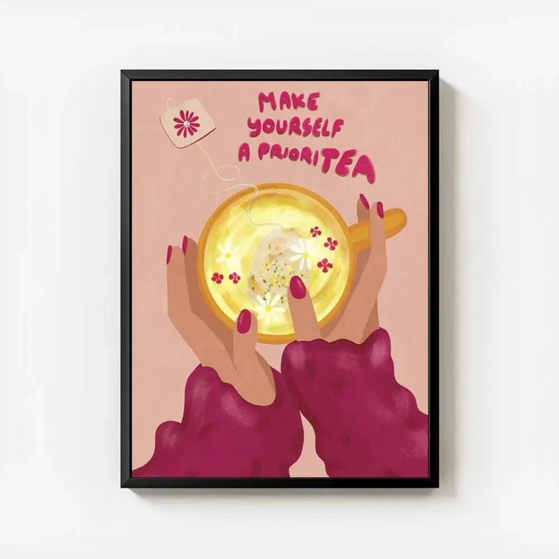 affiche avec des mains tenant une tasse de the des fleurs et le message humorist avec cadre.webp
