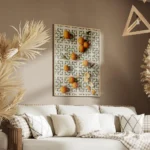 affiche avec des mandarines entieres une ouverte et des epluchures posees sur de salon.webp