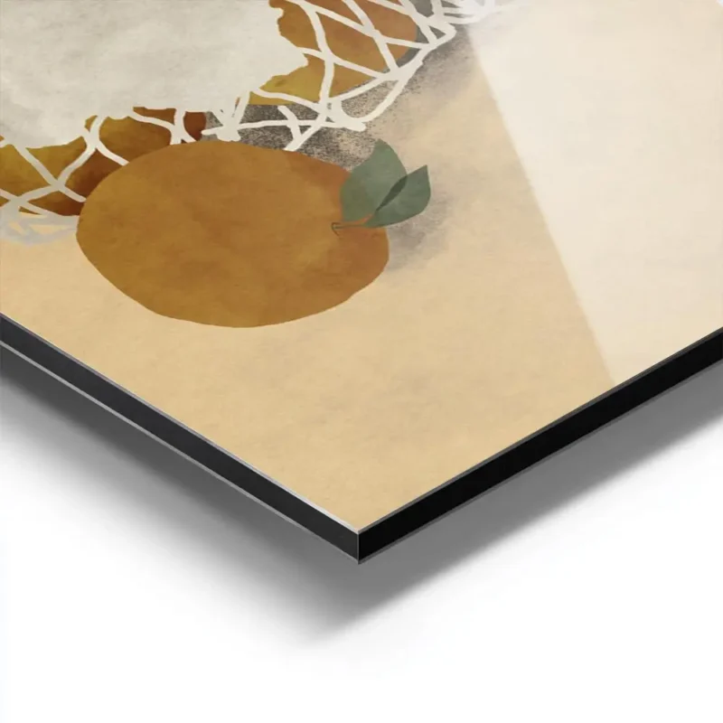 affiche avec des oranges dans un filet et une tasse de cafe style chic soleil ty aluminium.webp