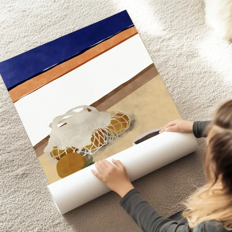 affiche avec des oranges dans un filet et une tasse de cafe style chic soleil ty au sol.webp