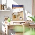 affiche avec des oranges dans un filet et une tasse de cafe style chic soleil ty bureau.webp