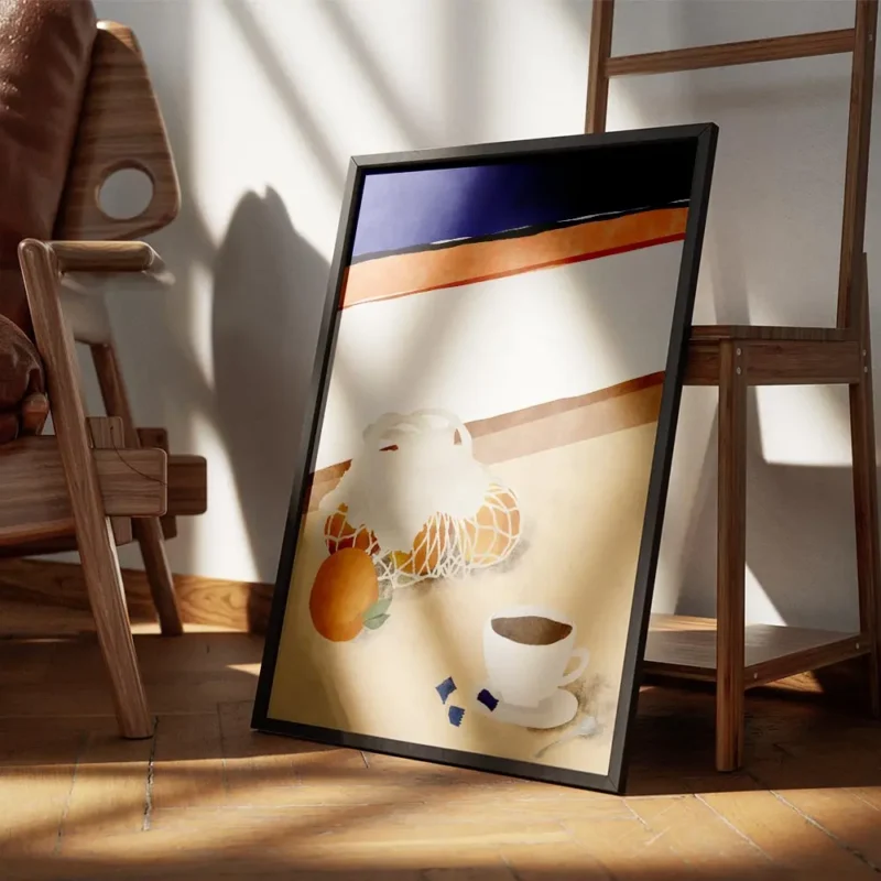 affiche avec des oranges dans un filet et une tasse de cafe style chic soleil ty encadre.webp