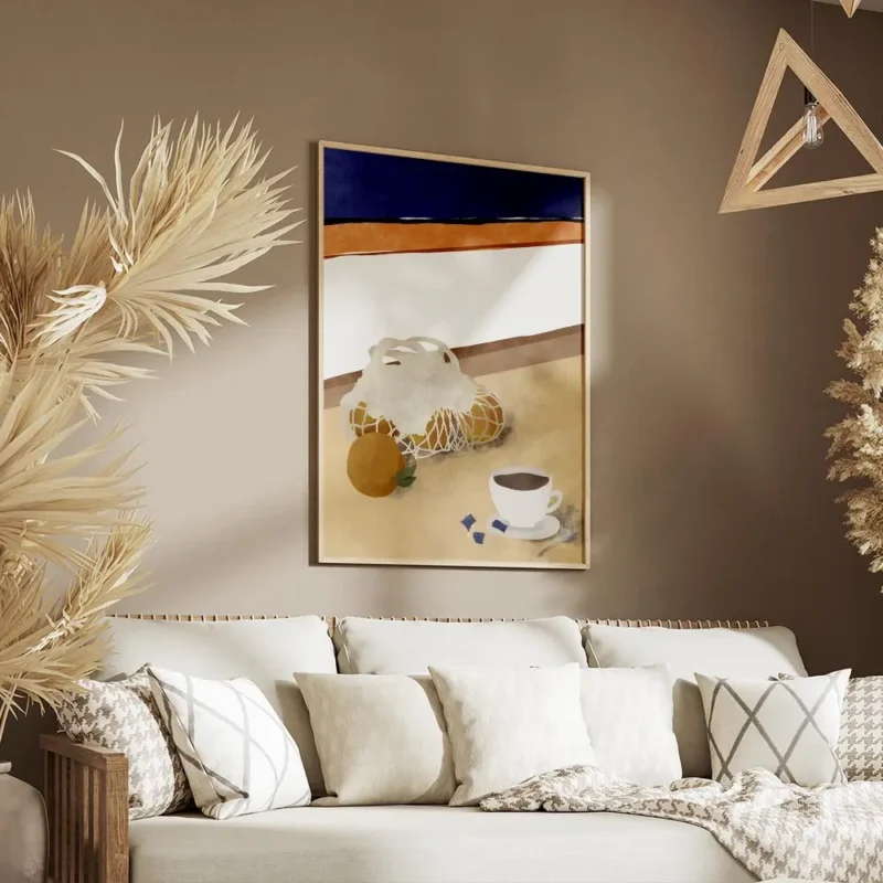 affiche avec des oranges dans un filet et une tasse de cafe style chic soleil ty salon.webp