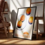 affiche avec des oranges sur une assiette bleue une nappe a carreaux bleus et le encadre.webp
