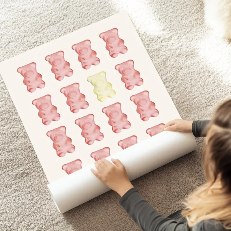 affiche avec des oursons gummy rouges et un jaune au centre disposes en rangees au sol.webp