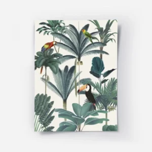 affiche avec des perroquets exotiques et un toucan dans une jungle luxuriante au.webp