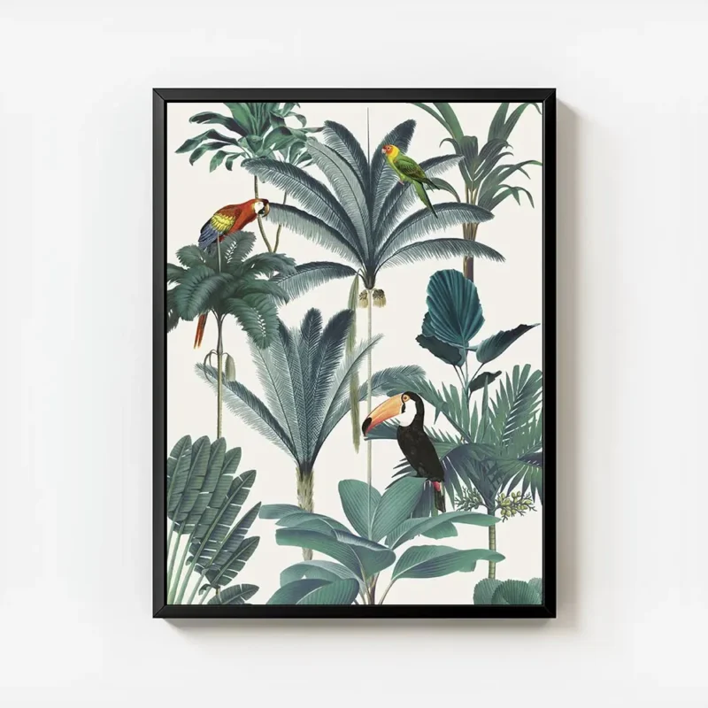 affiche avec des perroquets exotiques et un toucan dans une jungle luxuriante au avec cadre.webp