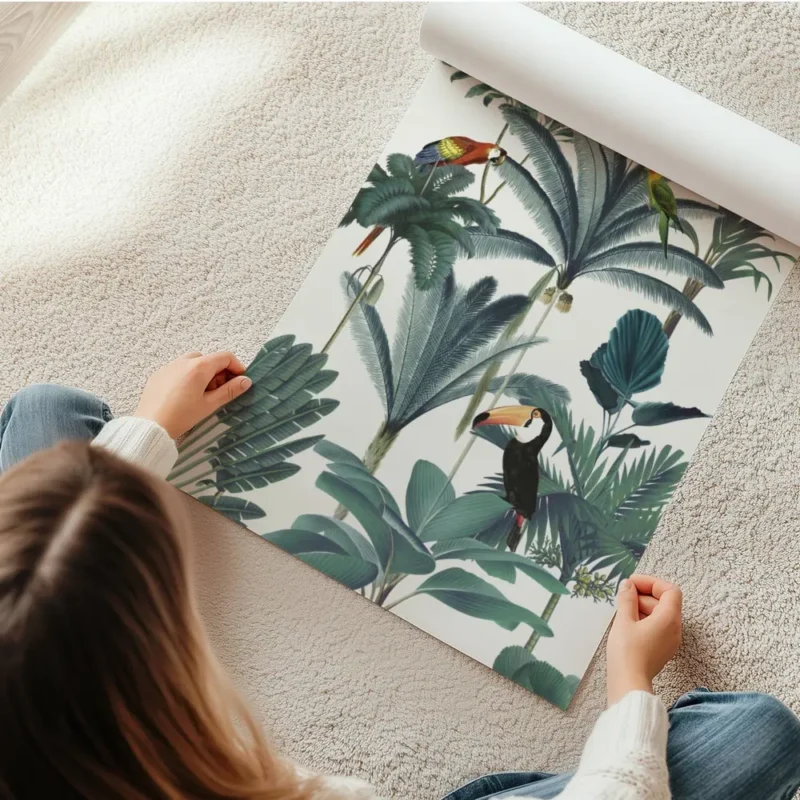 affiche avec des perroquets exotiques et un toucan dans une jungle luxuriante au en rouleau.webp