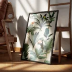 affiche avec des perroquets exotiques et un toucan dans une jungle luxuriante au encadre.webp