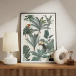 affiche avec des perroquets exotiques et un toucan dans une jungle luxuriante au meuble.webp