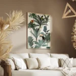 affiche avec des perroquets exotiques et un toucan dans une jungle luxuriante au salon.webp