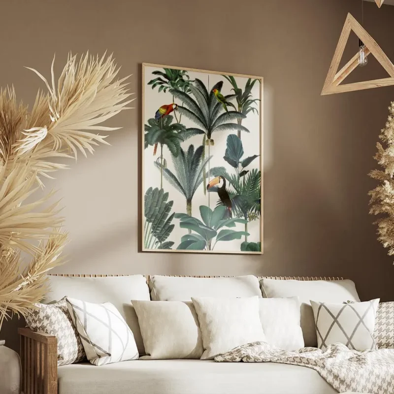 affiche avec des perroquets exotiques et un toucan dans une jungle luxuriante au salon.webp