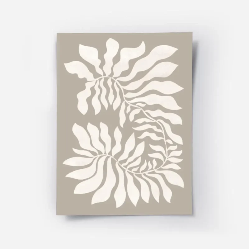 affiche avec des plantes graphiques beiges presentant des feuilles blanches styl.webp
