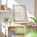 affiche avec des plantes graphiques beiges presentant des feuilles blanches styl bureau.webp