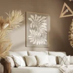 affiche avec des plantes graphiques beiges presentant des feuilles blanches styl salon.webp