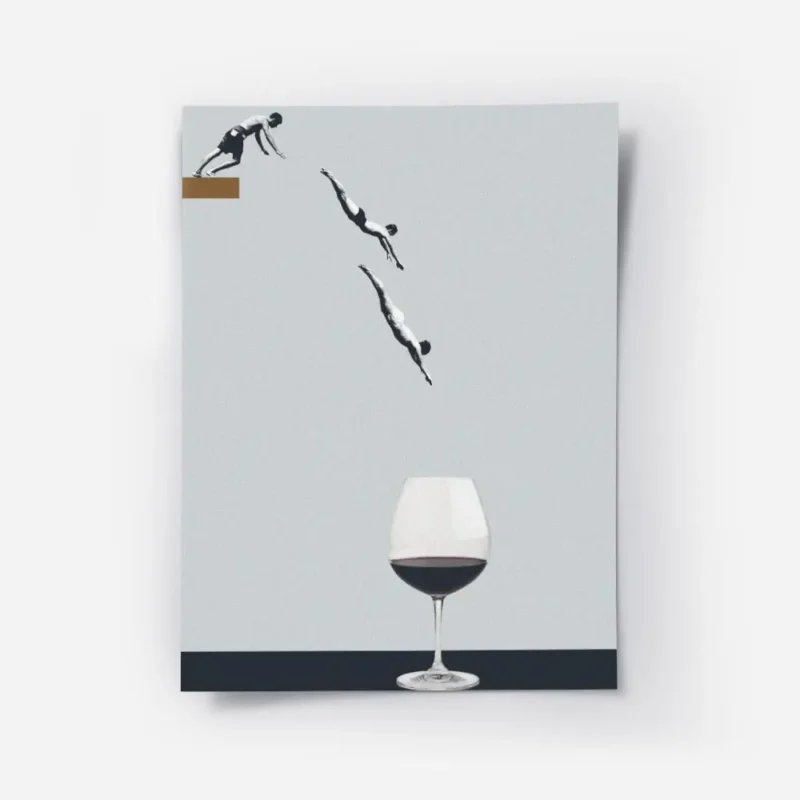 affiche avec des plongeurs en noir et blanc et un verre de vin rouge sur fond bl.webp