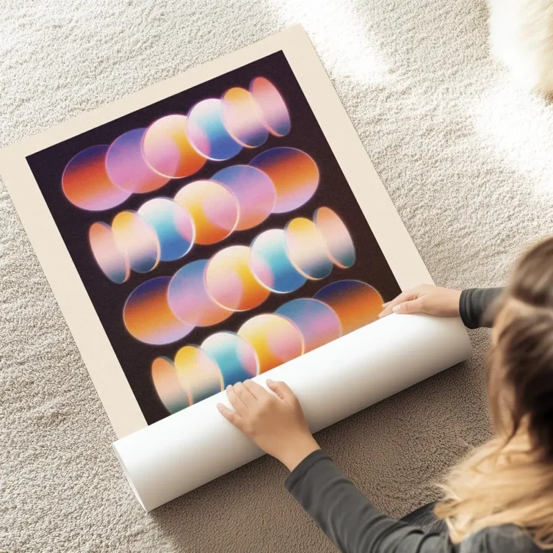 affiche avec des rangees de cercles abstraits aux couleurs vives comme la lumier au sol.webp
