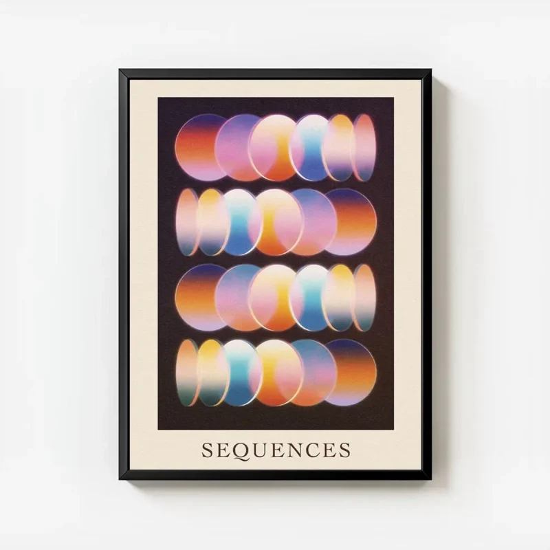affiche avec des rangees de cercles abstraits aux couleurs vives comme la lumier avec cadre.webp