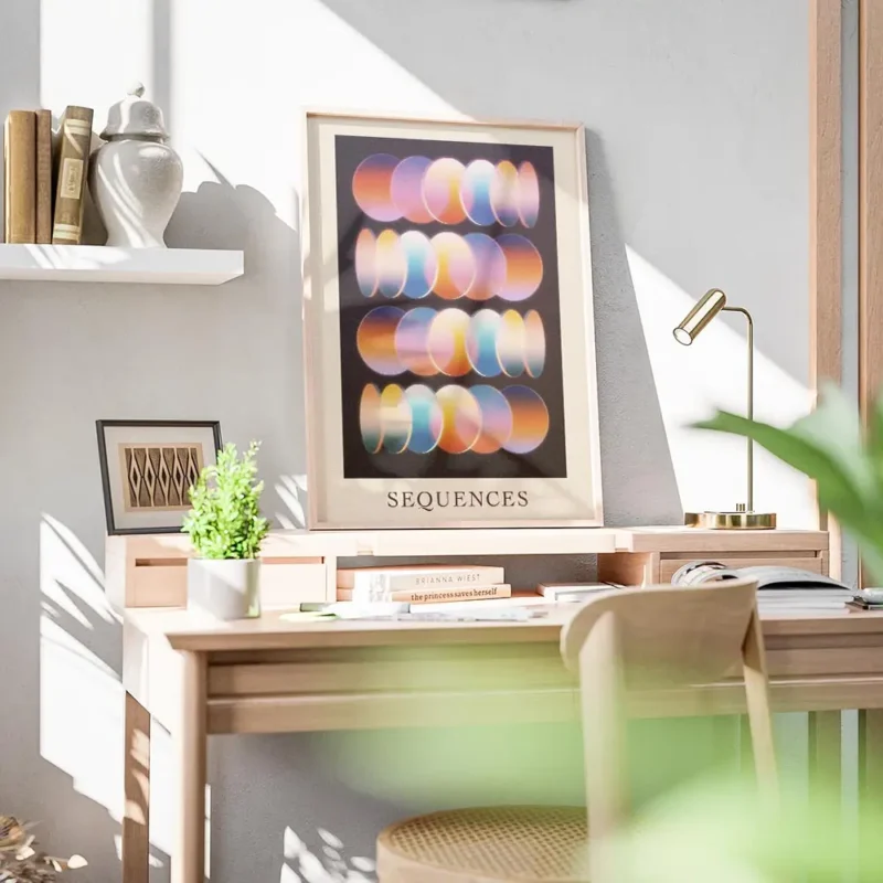 affiche avec des rangees de cercles abstraits aux couleurs vives comme la lumier bureau.webp