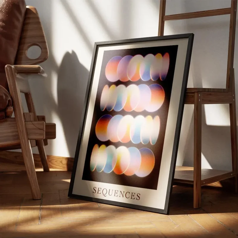 affiche avec des rangees de cercles abstraits aux couleurs vives comme la lumier encadre.webp