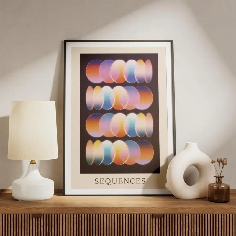 affiche avec des rangees de cercles abstraits aux couleurs vives comme la lumier meuble.webp