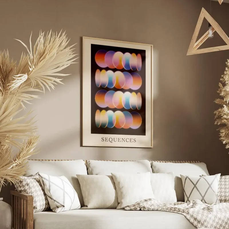 affiche avec des rangees de cercles abstraits aux couleurs vives comme la lumier salon.webp