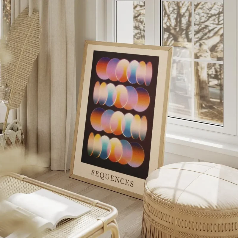 affiche avec des rangees de cercles abstraits aux couleurs vives comme la lumier salon beige.webp