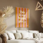 affiche avec des rayures verticales roses et oranges et le texte this is my happ salon.webp