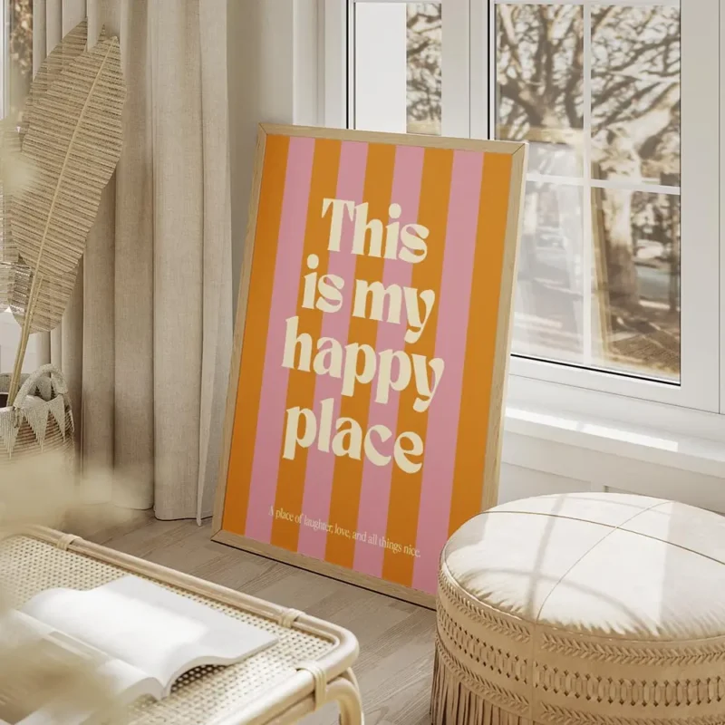 affiche avec des rayures verticales roses et oranges et le texte this is my happ salon beige.webp
