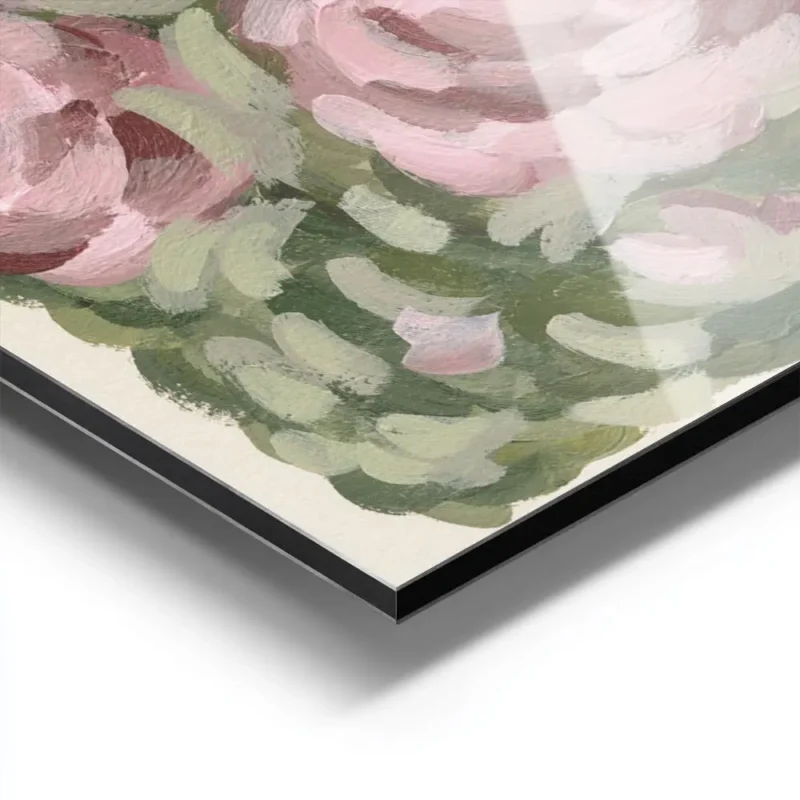 affiche avec des roses roses peintes a lhuile sur un fond de feuillage vert et d aluminium.webp
