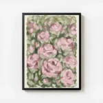 affiche avec des roses roses peintes a lhuile sur un fond de feuillage vert et d avec cadre.webp