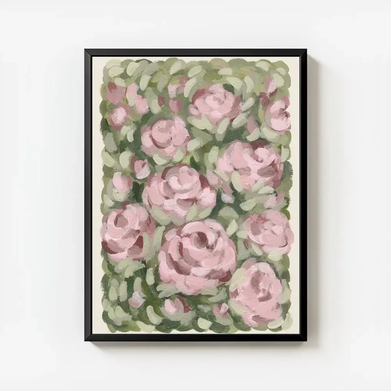 affiche avec des roses roses peintes a lhuile sur un fond de feuillage vert et d avec cadre.webp