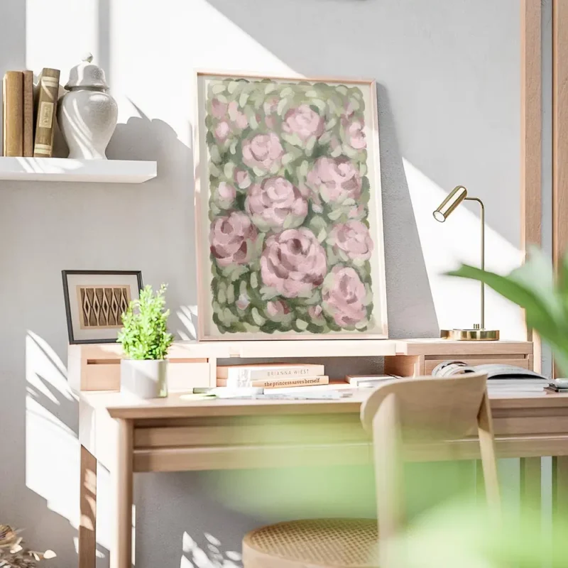 affiche avec des roses roses peintes a lhuile sur un fond de feuillage vert et d bureau.webp