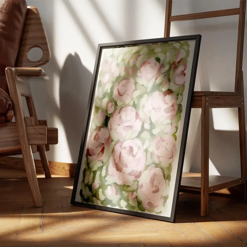affiche avec des roses roses peintes a lhuile sur un fond de feuillage vert et d encadre.webp