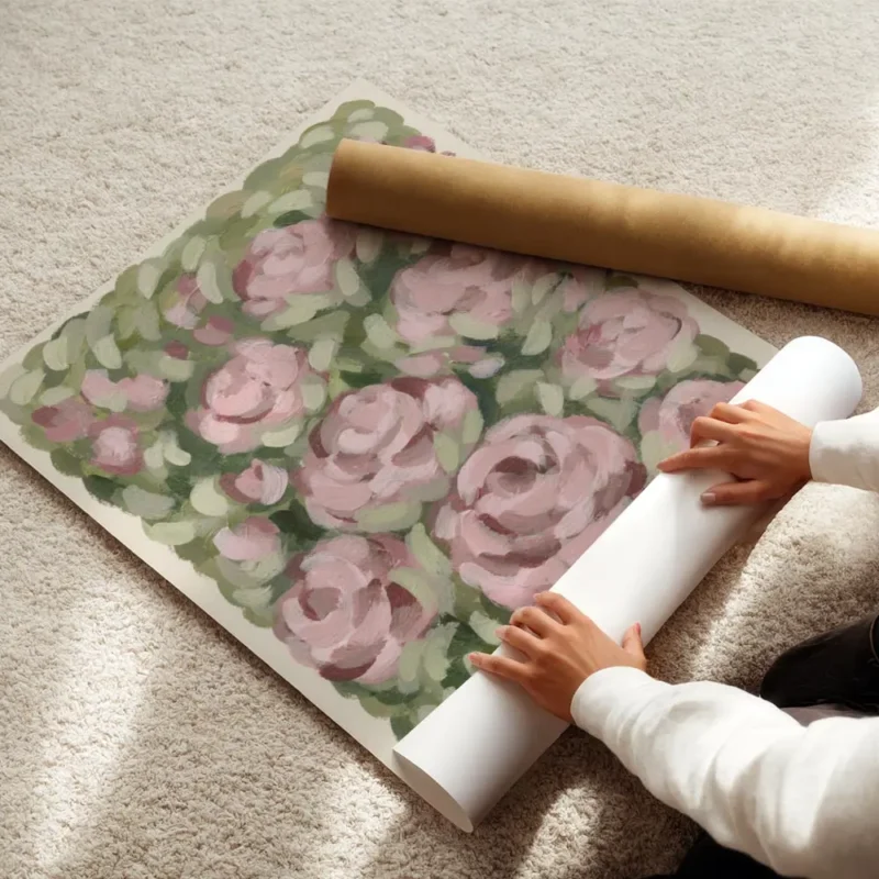 affiche avec des roses roses peintes a lhuile sur un fond de feuillage vert et d enroule.webp