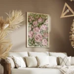 affiche avec des roses roses peintes a lhuile sur un fond de feuillage vert et d salon.webp