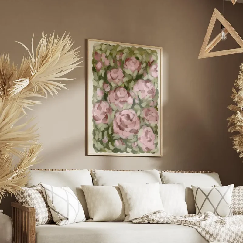 affiche avec des roses roses peintes a lhuile sur un fond de feuillage vert et d salon.webp