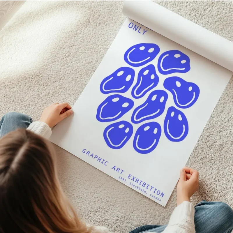 affiche avec des smileys bleus deformes et du texte bleu good vibes only sur fon en rouleau.webp