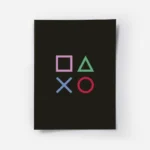 affiche avec des symboles de console de jeu carre rose triangle vert croix bleue.webp