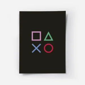 affiche avec des symboles de console de jeu carre rose triangle vert croix bleue.webp