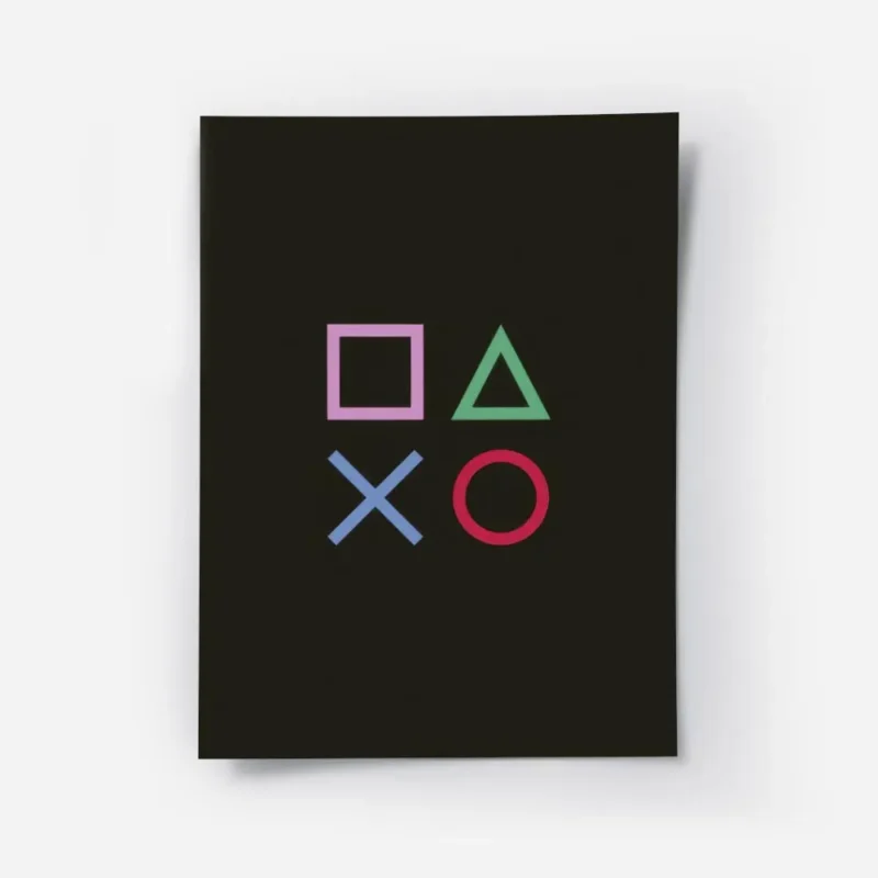affiche avec des symboles de console de jeu carre rose triangle vert croix bleue.webp